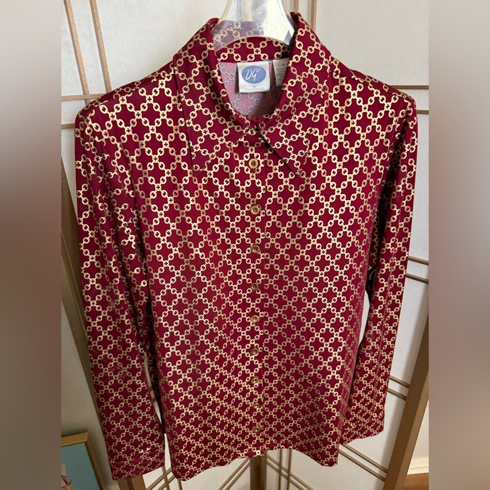 Vintage Diane Gilman DG2 Red & Gold Chain Pattern Blouse Shirt - Women’s M - HSN